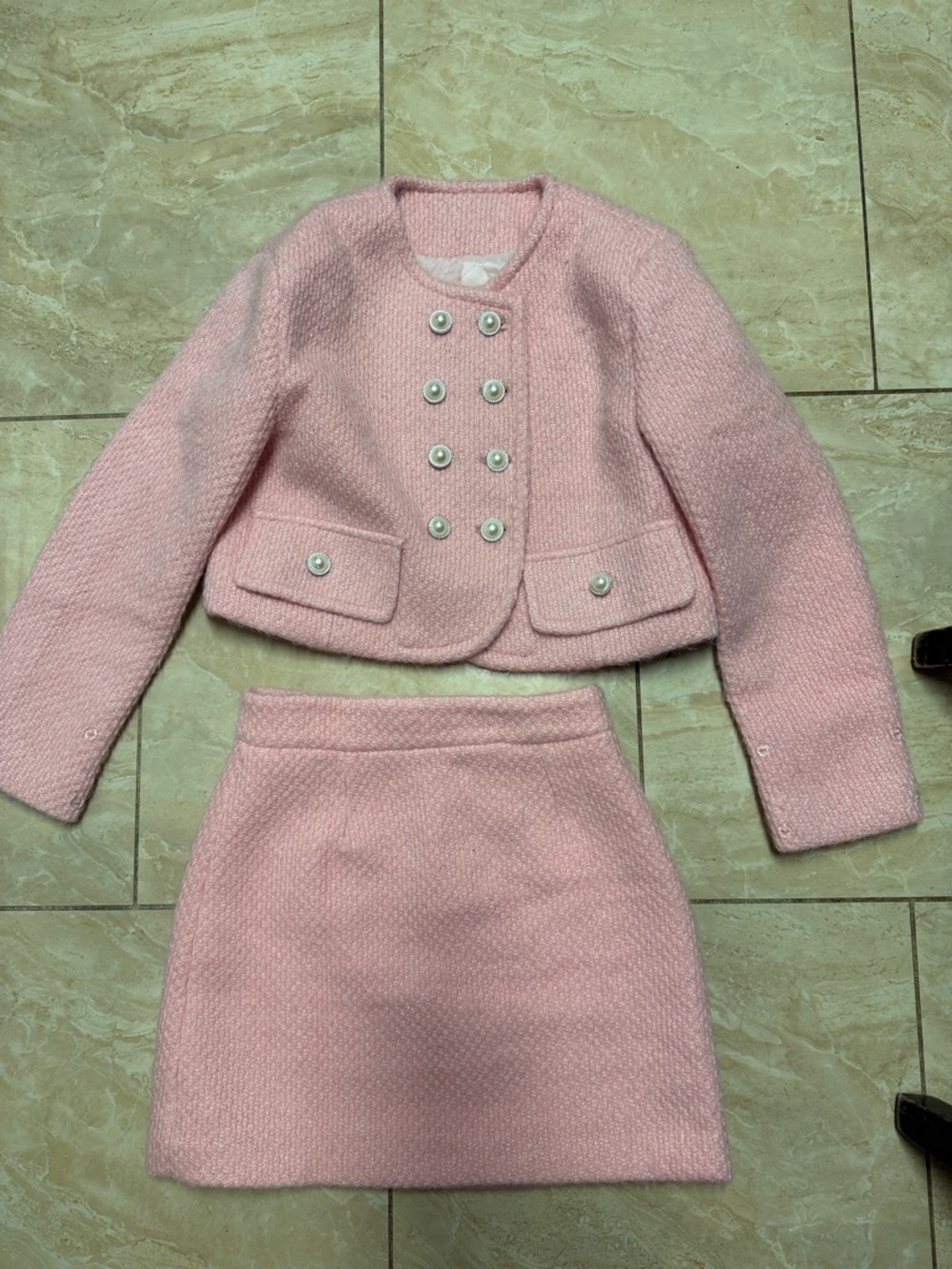 Women’s Pink Bouclé Jacket & Skirt Set - Classic Double-Breasted Style